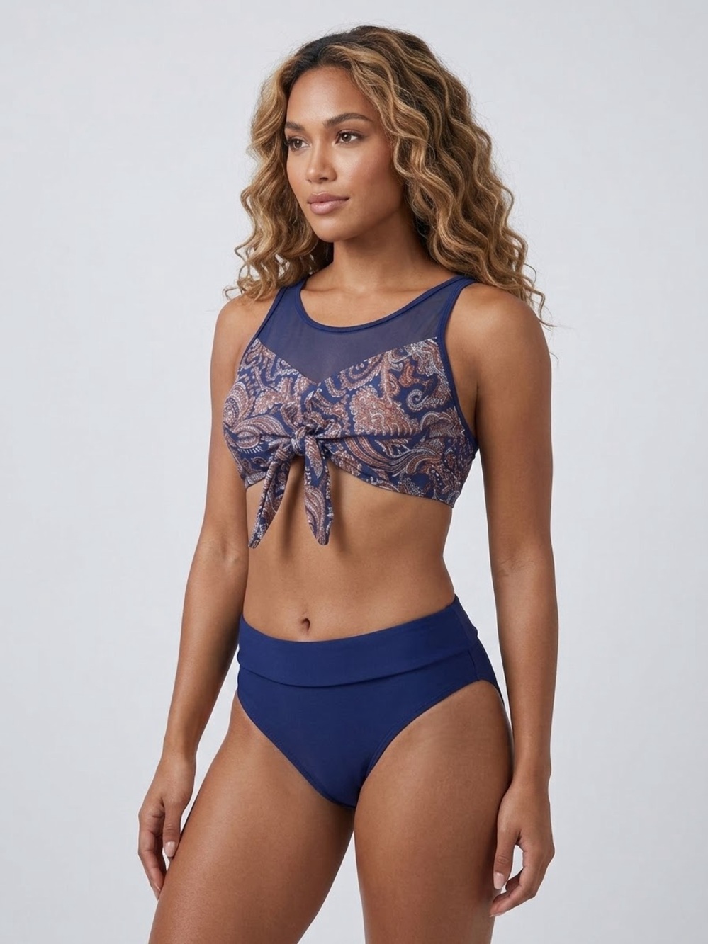 Paisley Tie-Front Mesh Bikini Top & Navy Bottoms